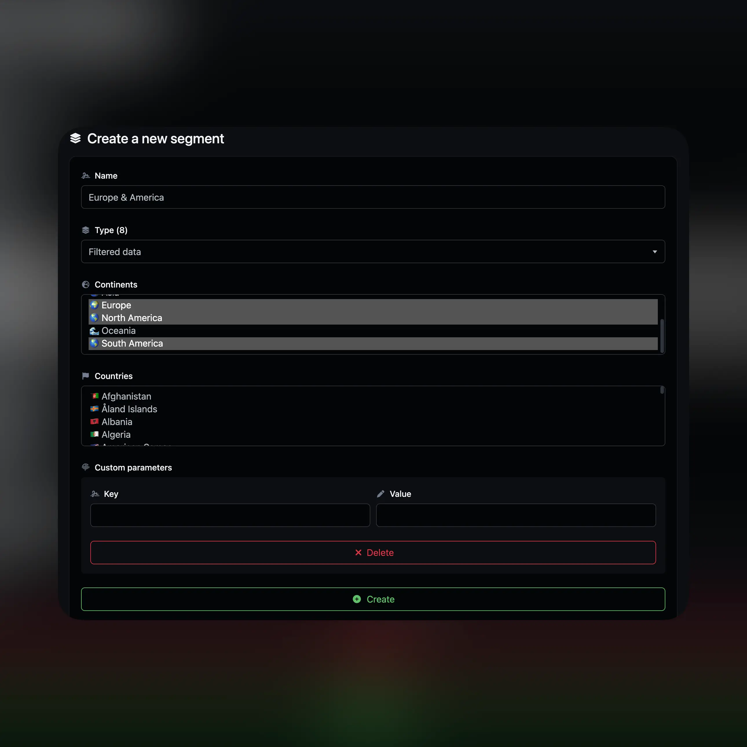 Screenshot of the app segments management and editing page